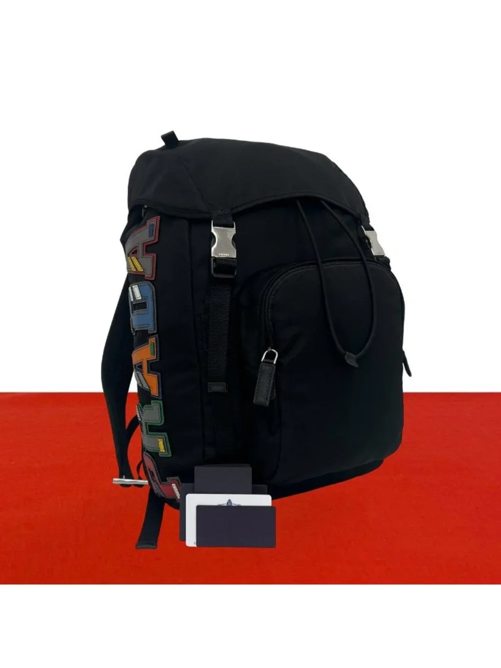 Prada Logo Tessuto Nylon Leather Backpack Black